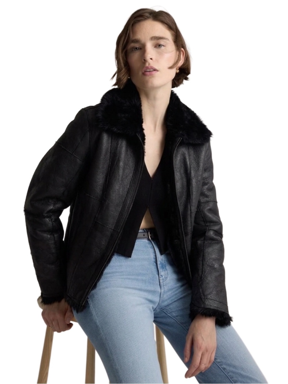 Guess Black Leather Jacket with Rabbit Fur Lining — Size M
